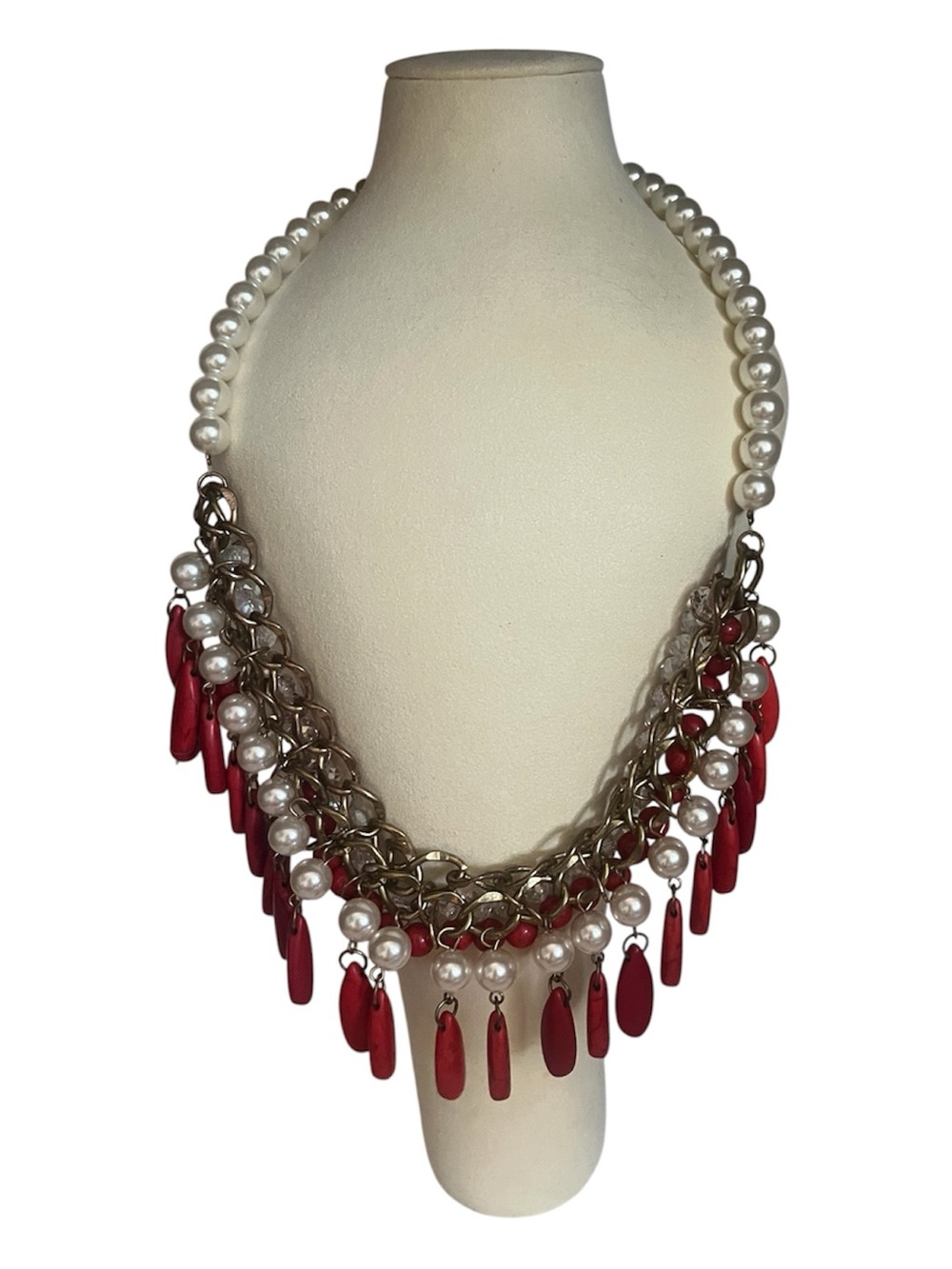 Pearl and Red Drop Statement Necklace - Unbranded